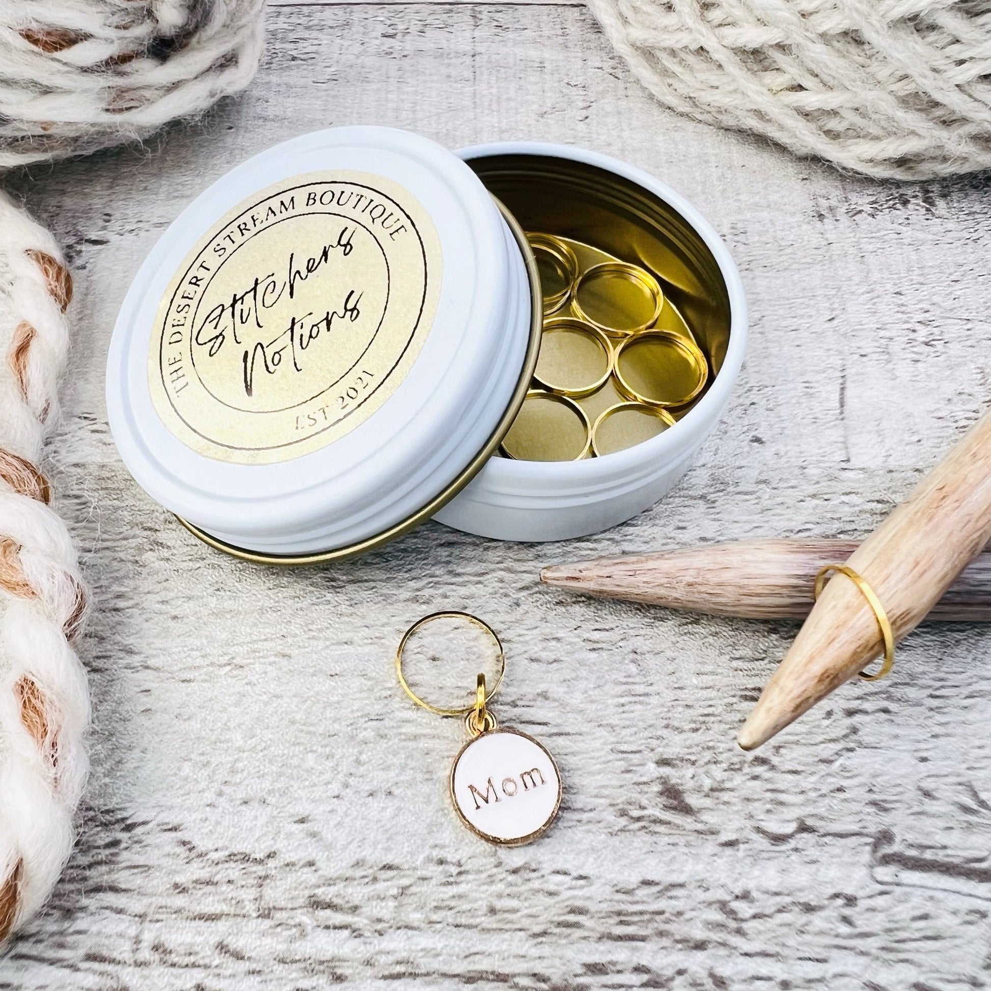 Mom Stitch Markers 13 - Piece Tin Set - Knitting - The Desert Stream Stitch