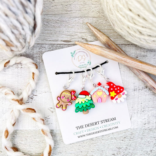 Pastel Christmas Cottage Stitch Markers Set - Knitting and Crochet - The Desert Stream Stitch