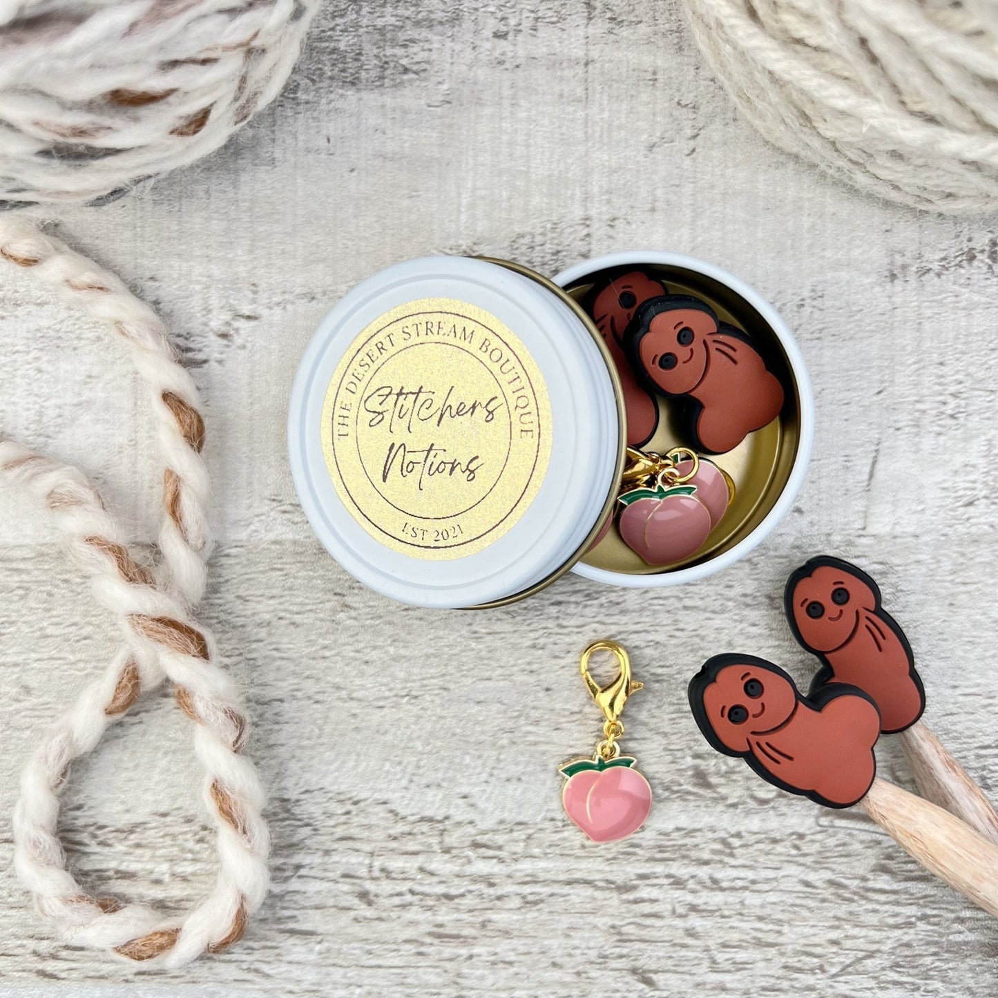 Penis & Peach Knitting Notions Tin Set - The Desert Stream Stitch