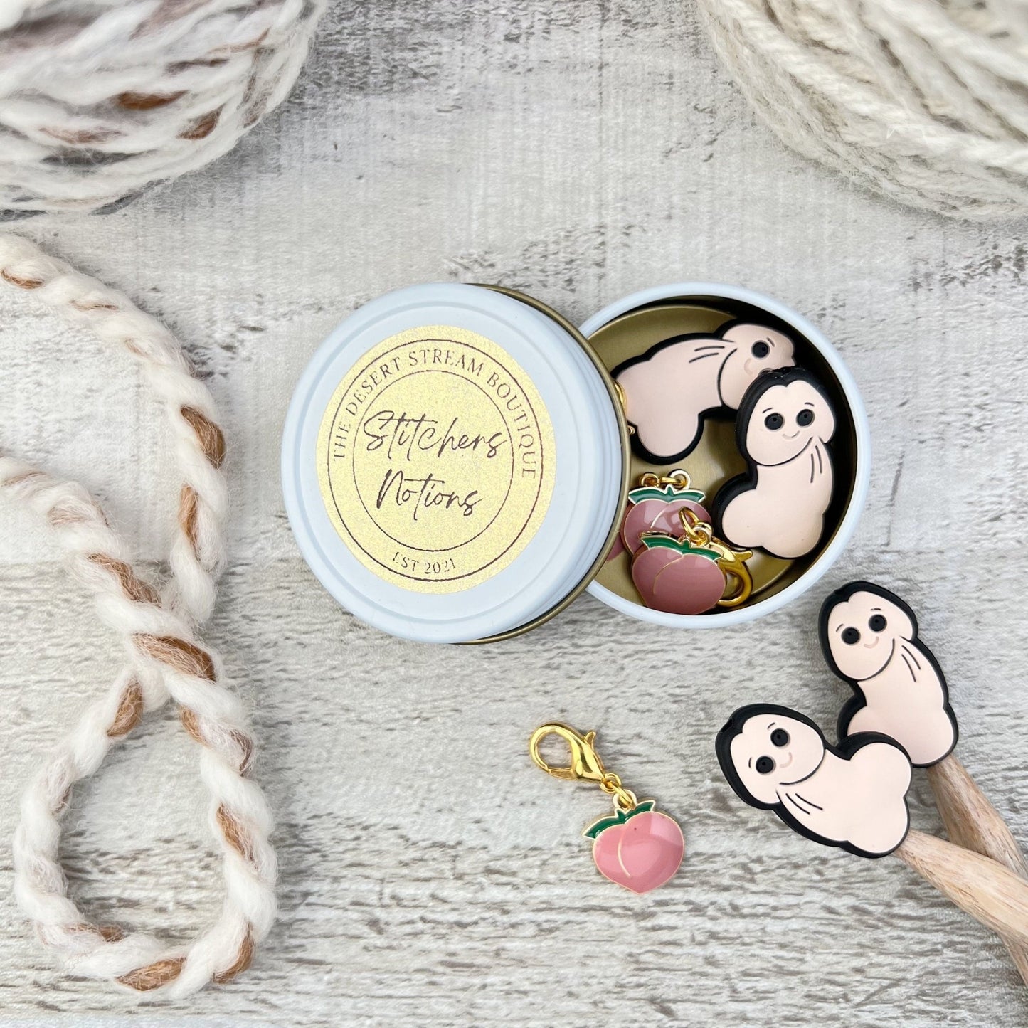 Penis & Peach Knitting Notions Tin Set - The Desert Stream Stitch