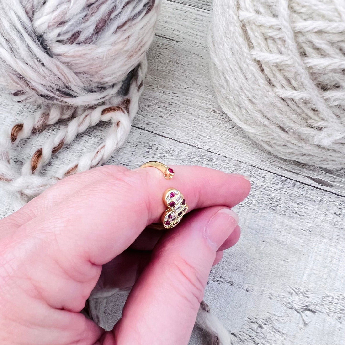 Red Heart Adjustable Tension Ring 18K Gold Cubic Zirconia - The Desert Stream Stitch