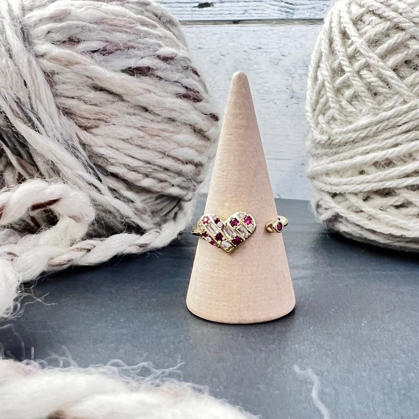 Red Heart Adjustable Tension Ring 18K Gold Cubic Zirconia - The Desert Stream Stitch