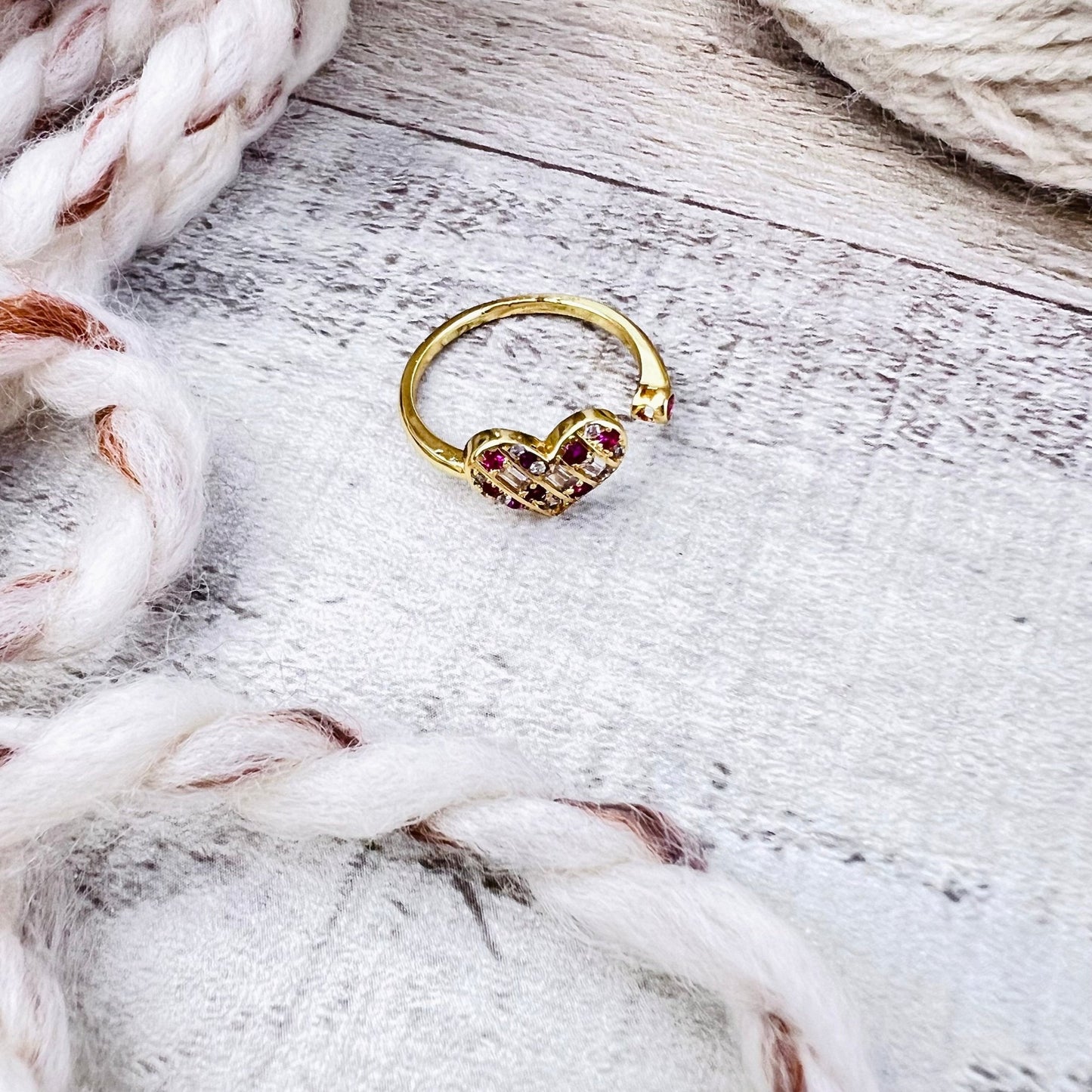 Red Heart Adjustable Tension Ring 18K Gold Cubic Zirconia - The Desert Stream Stitch