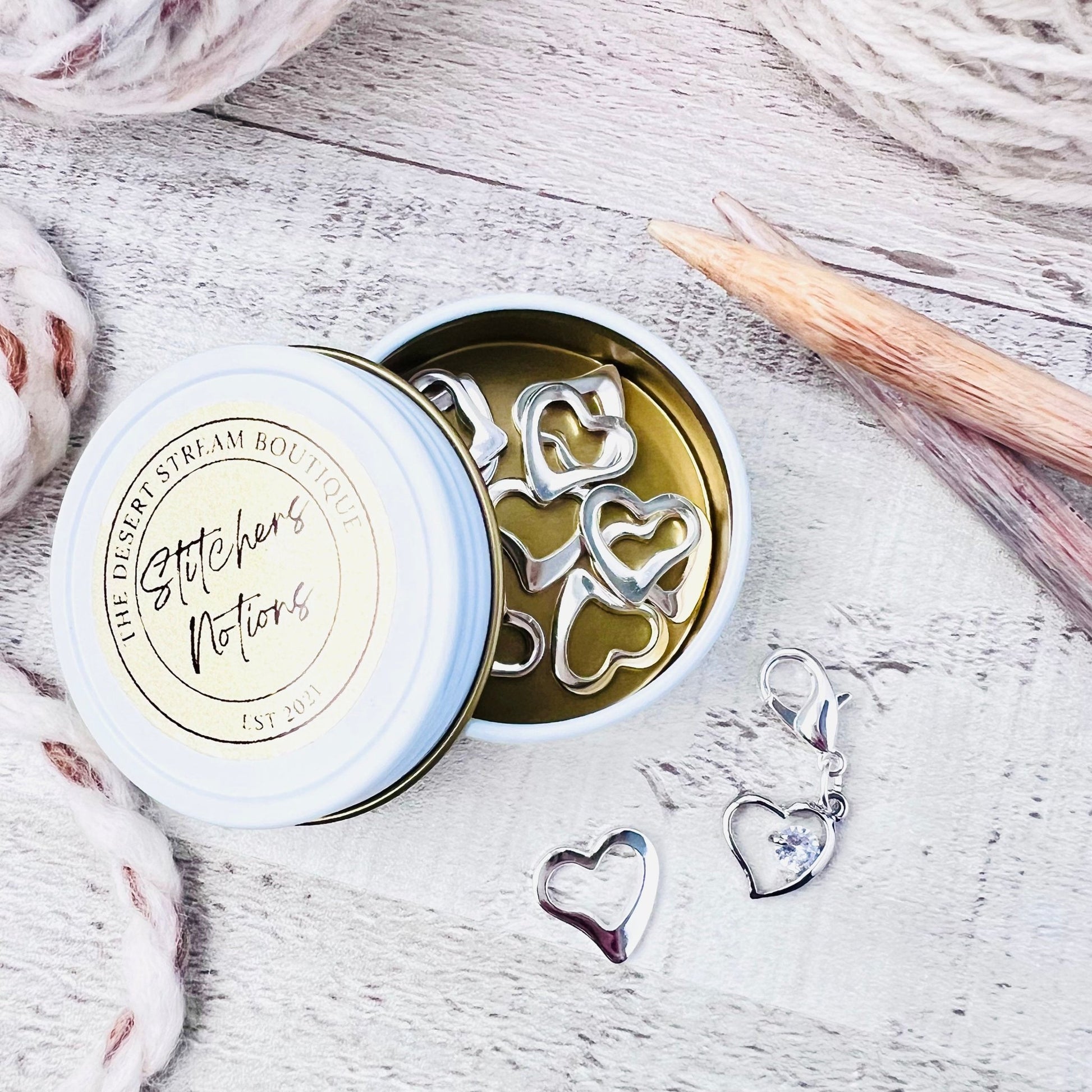 Silver Heart Stitch Markers 13 - Piece Set - Knitting - The Desert Stream Stitch