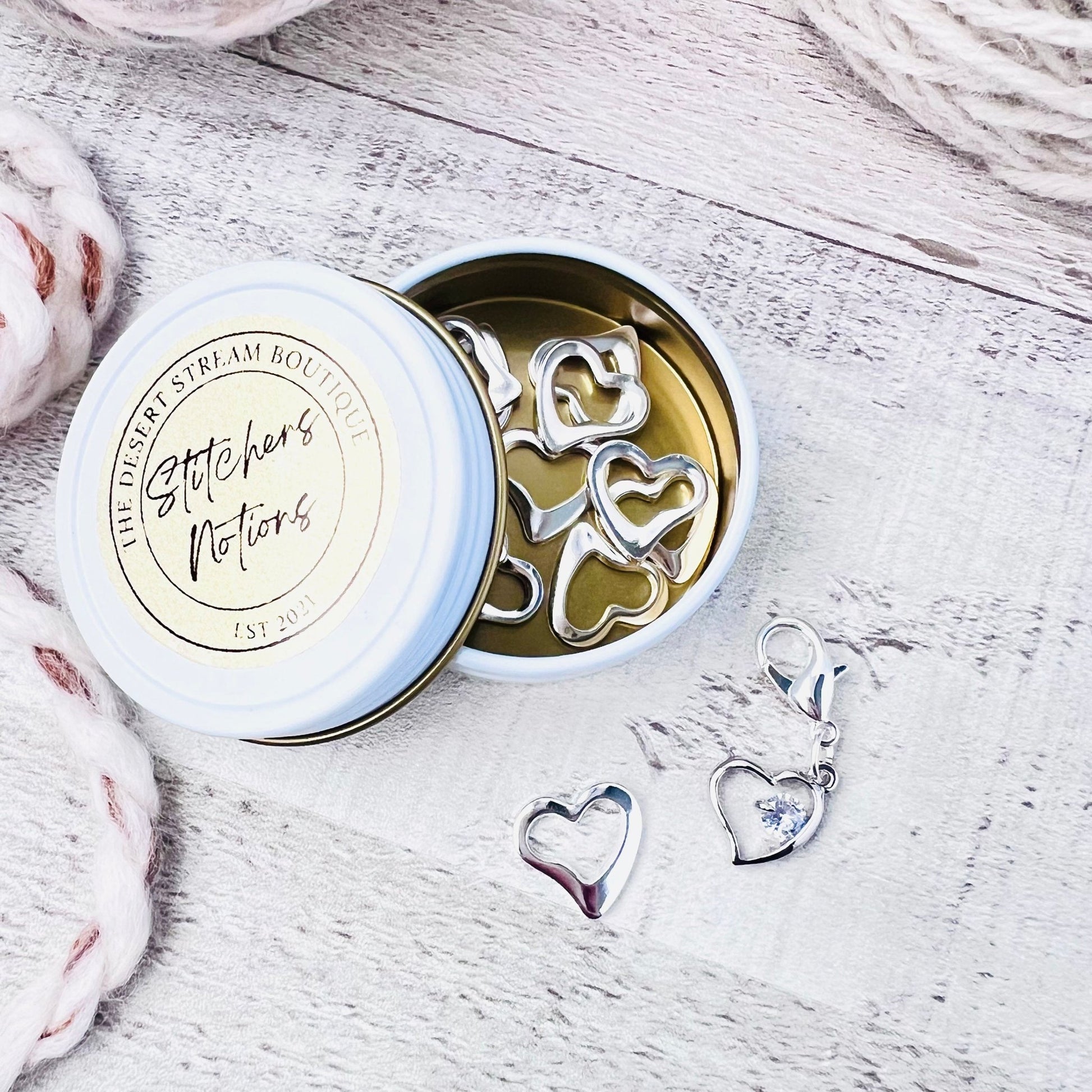 Silver Heart Stitch Markers 13 - Piece Set - Knitting - The Desert Stream Stitch