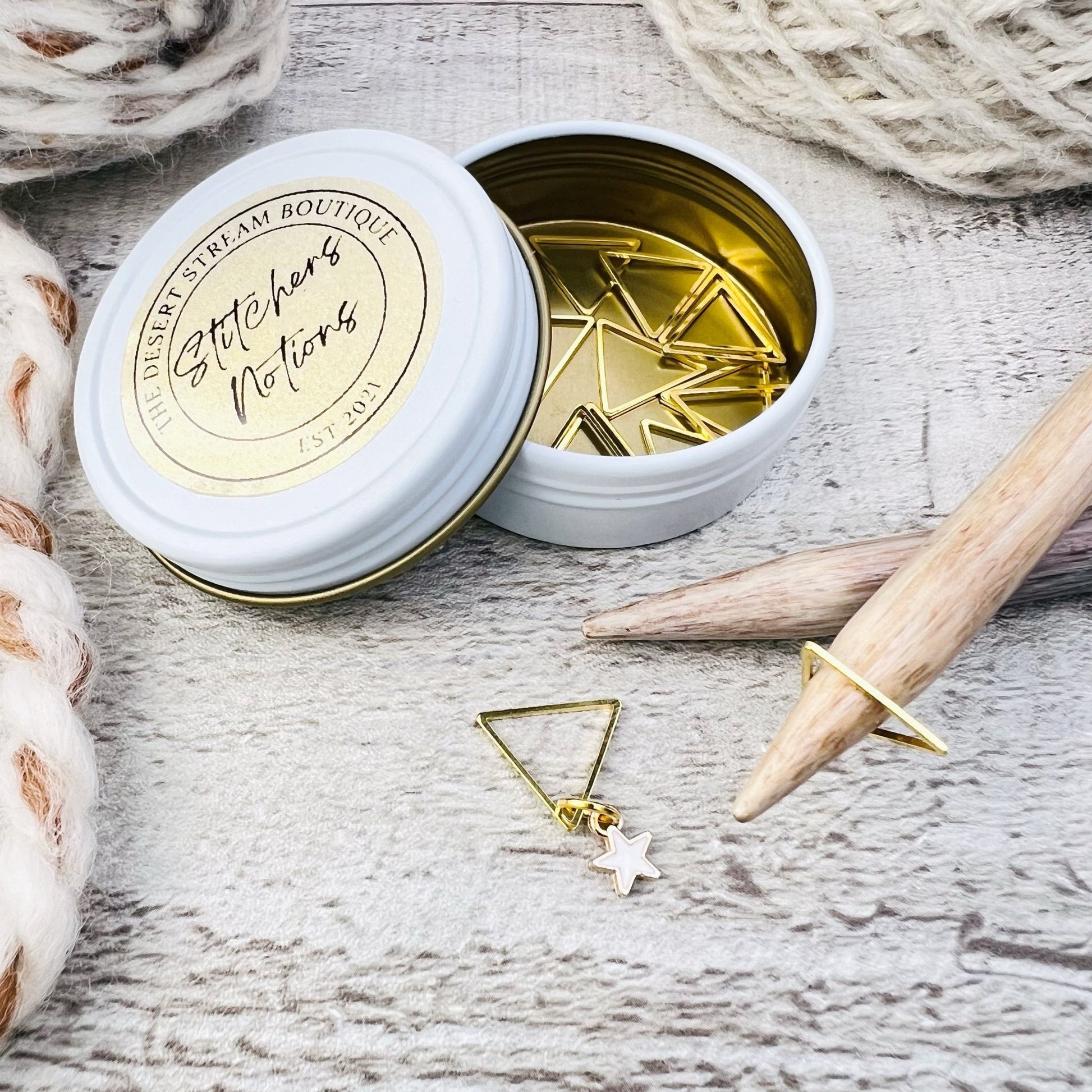 Triangle Stitch Markers 13 - Piece Tin Set - Knitting - The Desert Stream Stitch