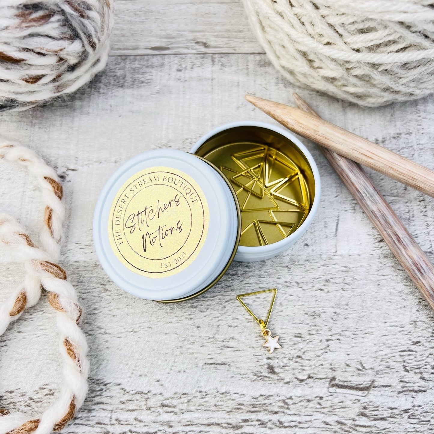 Triangle Stitch Markers 13 - Piece Tin Set - Knitting - The Desert Stream Stitch