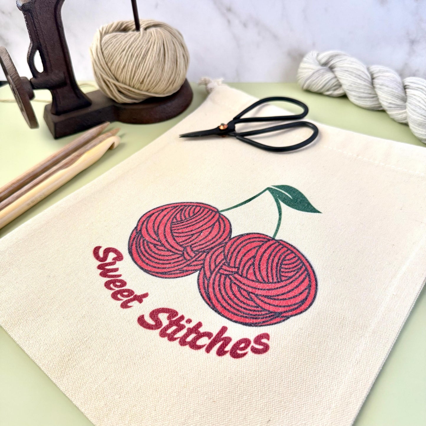 Project Bag: Cherry Yarn Storage Tote for Knitting and Crochet (Canvas Drawstring)