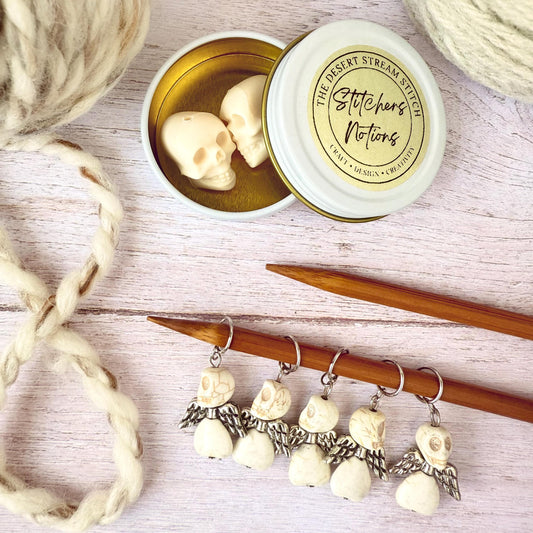 Angel Skull Knitting Notions Set – Stitch Markers & Stoppers | Progress Keepers Kit