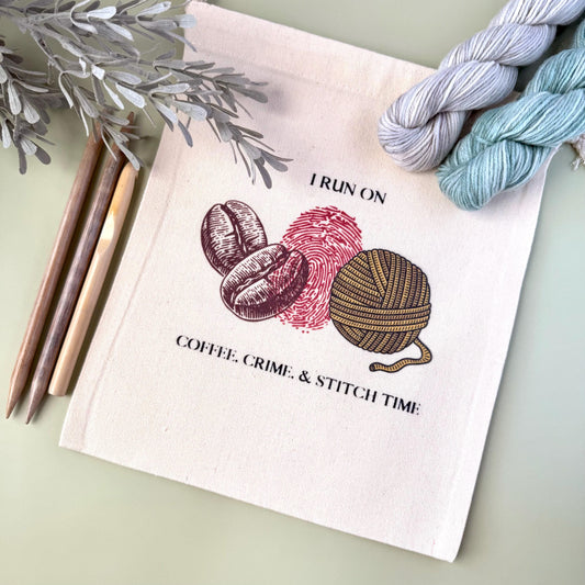 Project Bag: Crime & Stitch Time Yarn Storage Tote for Knitting and Crochet (Canvas Drawstring)