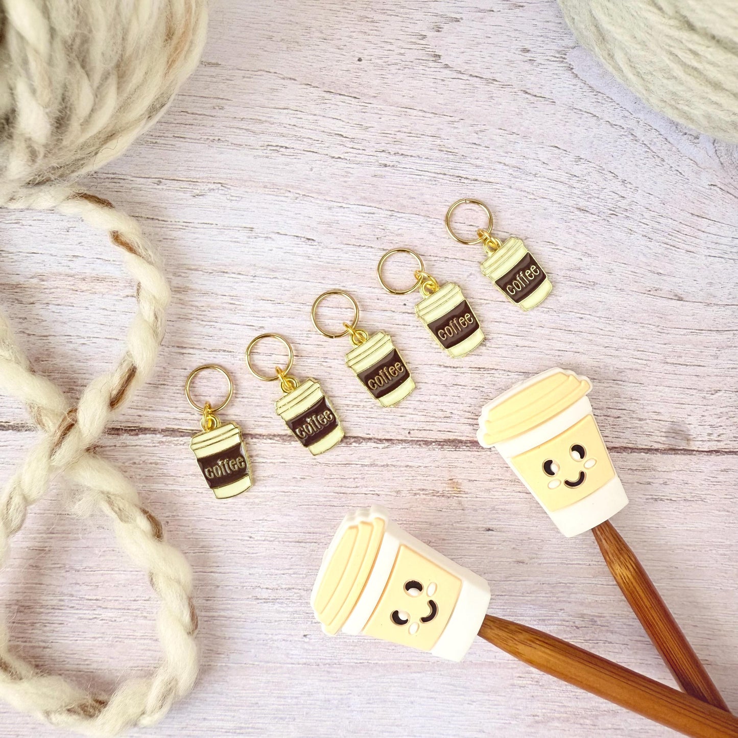 Coffee Knitting Notions Set – Stitch Markers & Stoppers | Progress Keepers Kit
