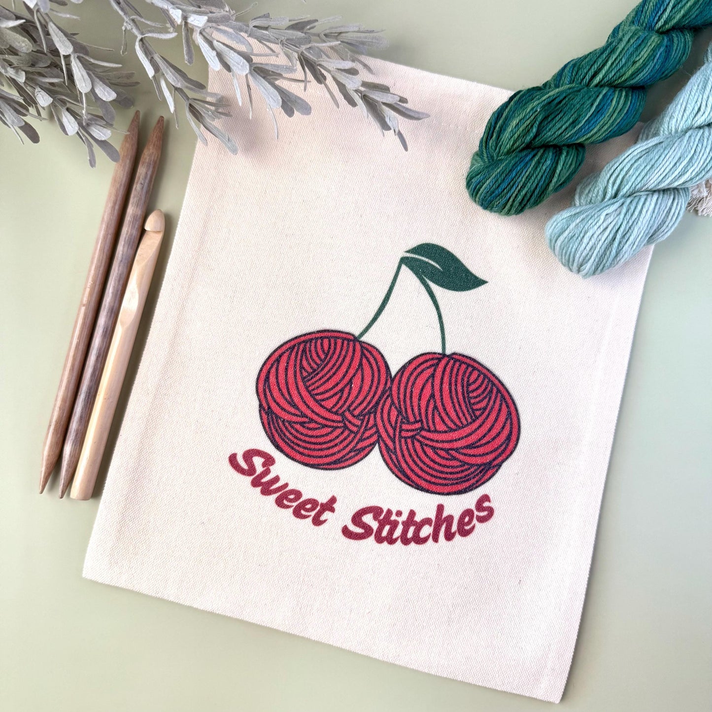 Project Bag: Cherry Yarn Storage Tote for Knitting and Crochet (Canvas Drawstring)