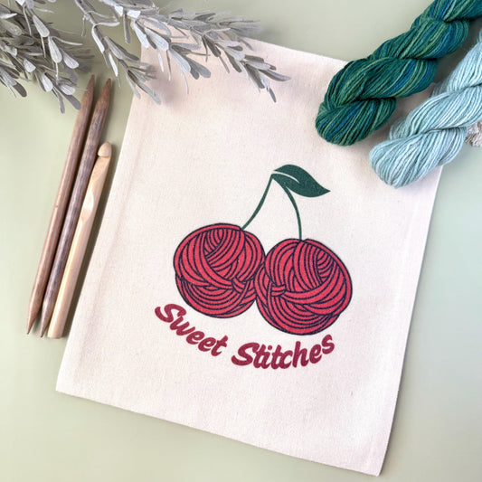 Project Bag: Cherry Yarn Storage Tote for Knitting and Crochet (Canvas Drawstring)