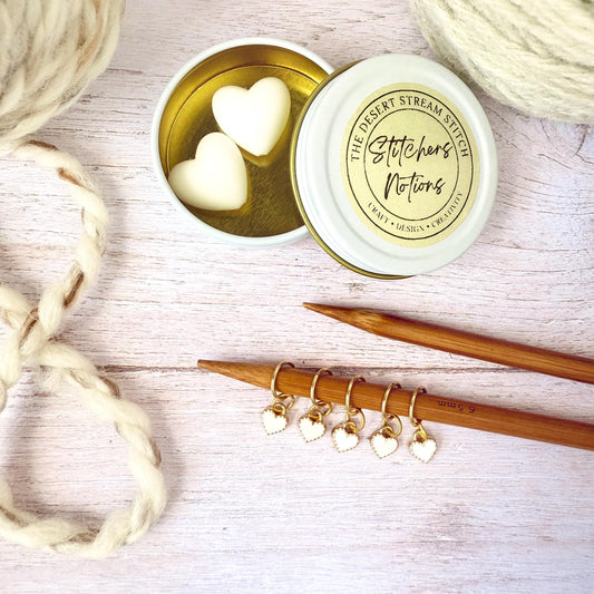 White Heart Knitting Notions Set – Stitch Markers & Stoppers | Progress Keepers Kit