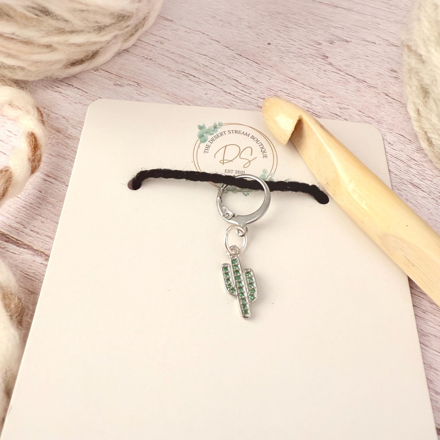 Cactus Luxe Stitch Marker – Platinum Cubic Zirconia | Snag Free Progress Keeper