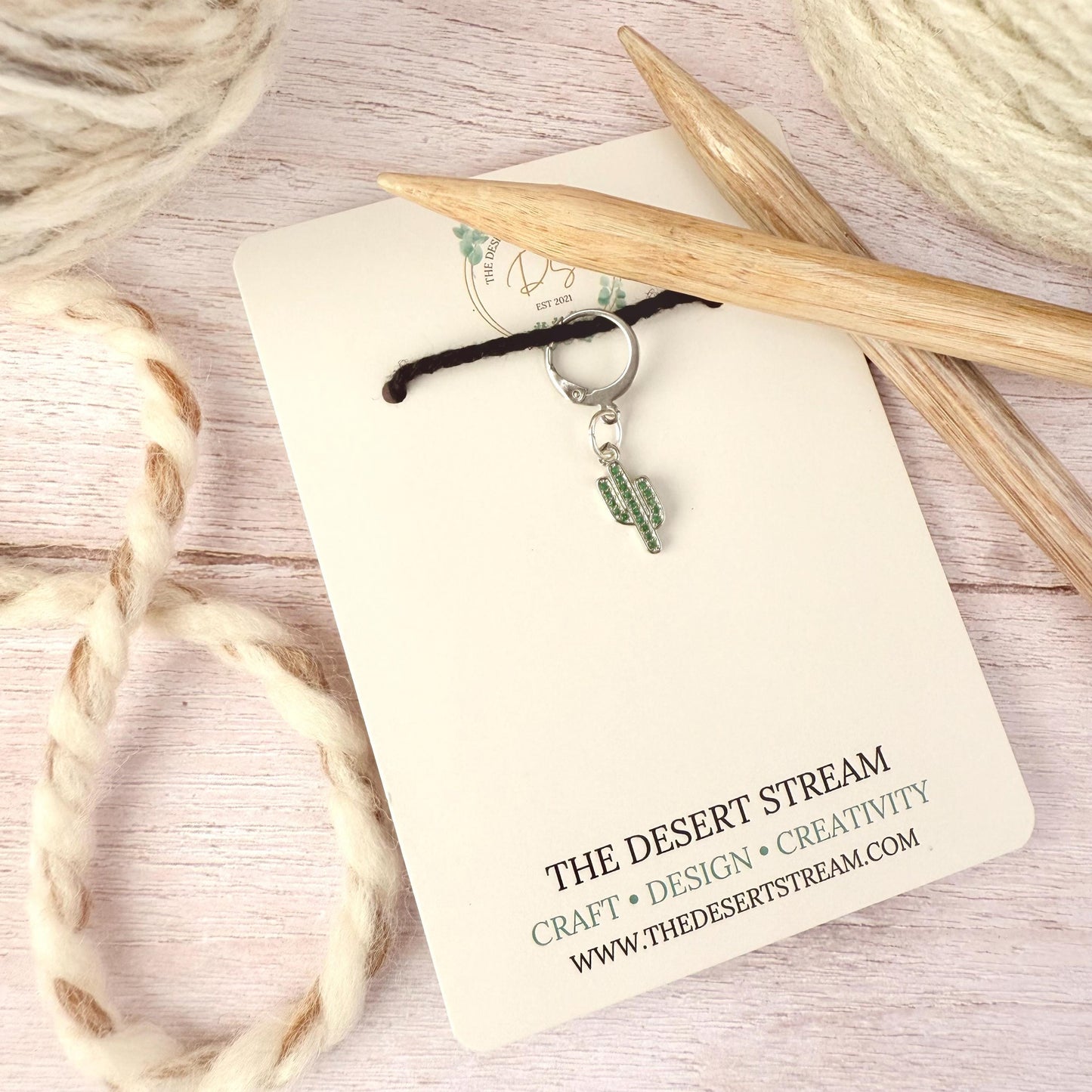 Cactus Luxe Stitch Marker – Platinum Cubic Zirconia | Snag Free Progress Keeper