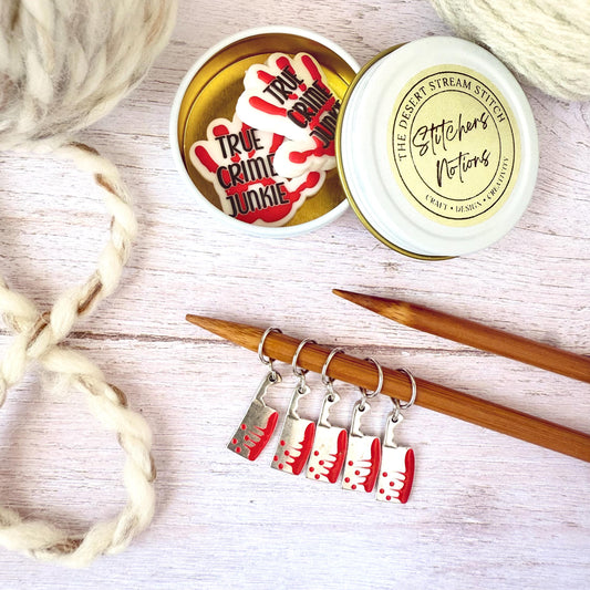 True Crime Junkie Knitting Notions Set – Stitch Markers & Stoppers | Progress Keepers Kit