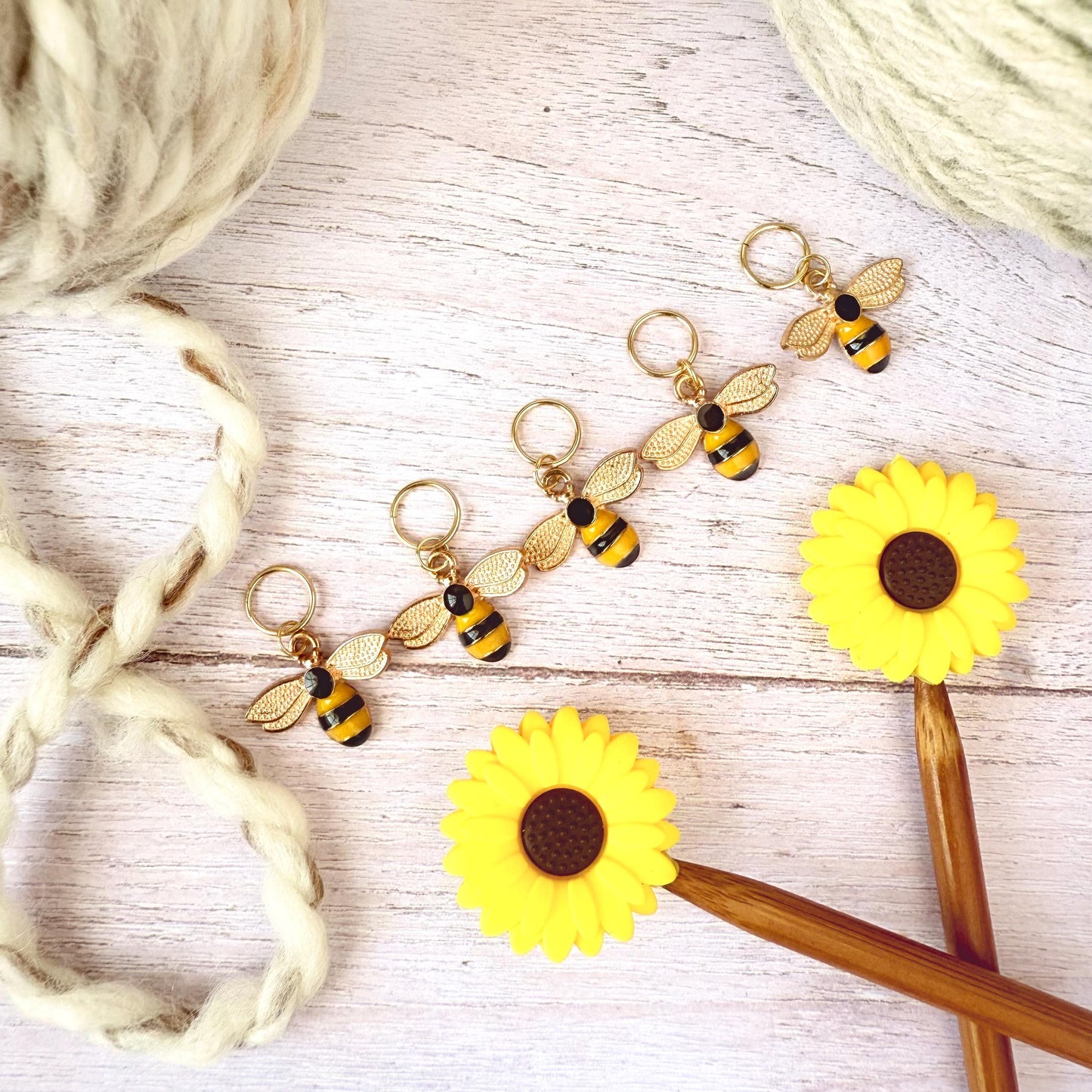 Sunflower Bee Knitting Notions Set – Stitch Markers & Stoppers | Progress Keepers Kit