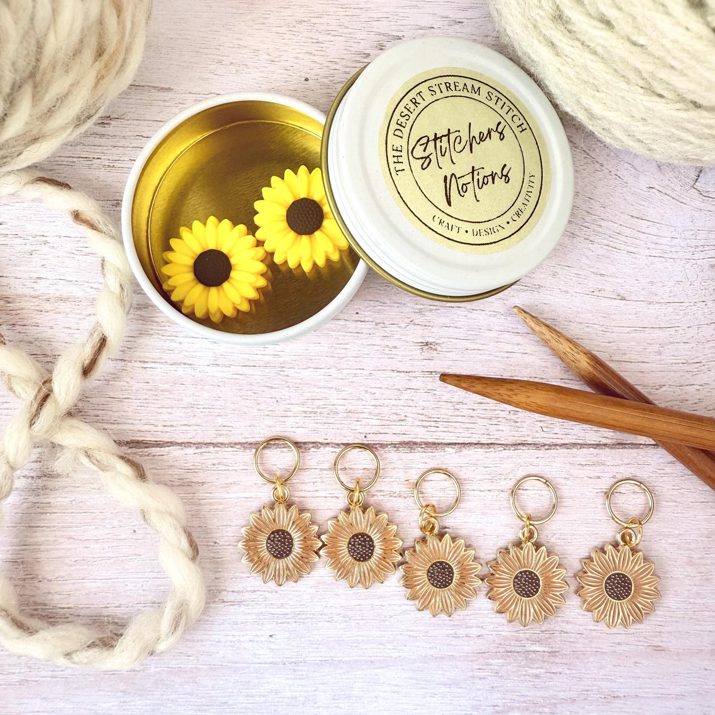 Sunflower Knitting Notions Set – Stitch Markers & Stoppers | Progress Keepers Kit