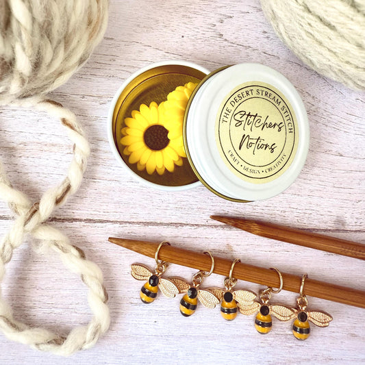 Sunflower Bee Knitting Notions Set – Stitch Markers & Stoppers | Progress Keepers Kit