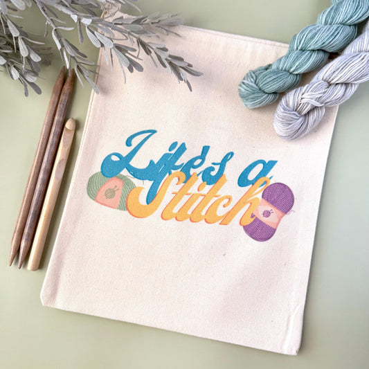 Project Bag: Life's A Stitch Yarn Storage Tote for Knitting and Crochet (Canvas Drawstring)