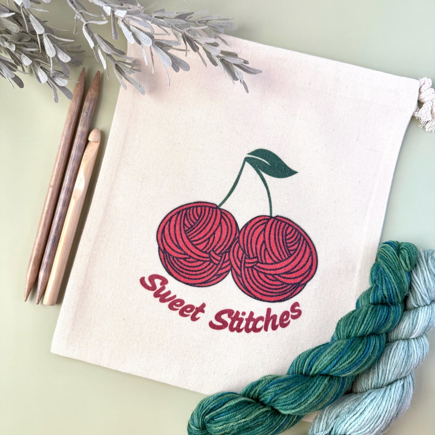 Project Bag: Cherry Yarn Storage Tote for Knitting and Crochet (Canvas Drawstring)