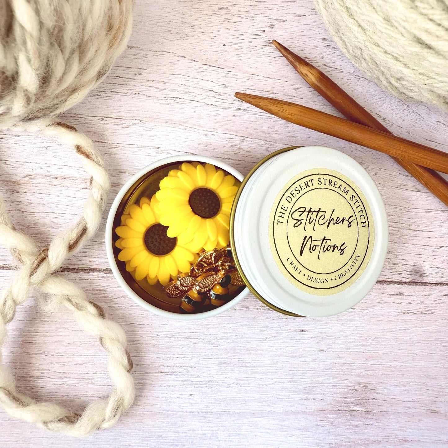 Sunflower Bee Knitting Notions Set – Stitch Markers & Stoppers | Progress Keepers Kit