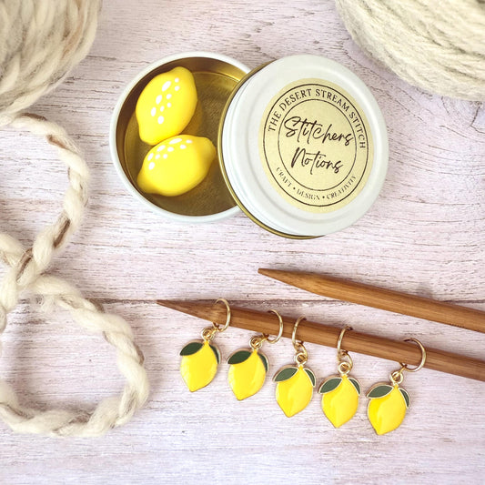 Lemon Knitting Notions Set – Stitch Markers & Stoppers | Progress Keepers Kit