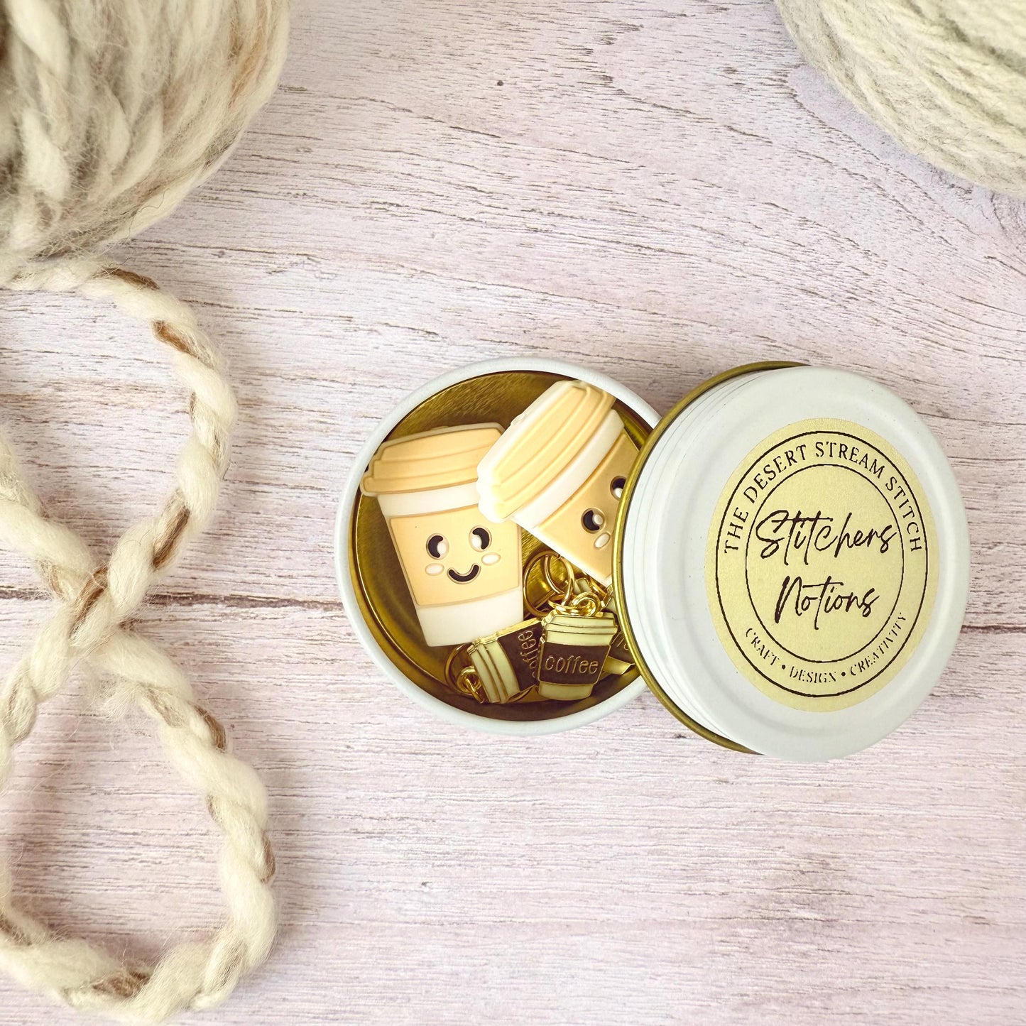 Coffee Knitting Notions Set – Stitch Markers & Stoppers | Progress Keepers Kit