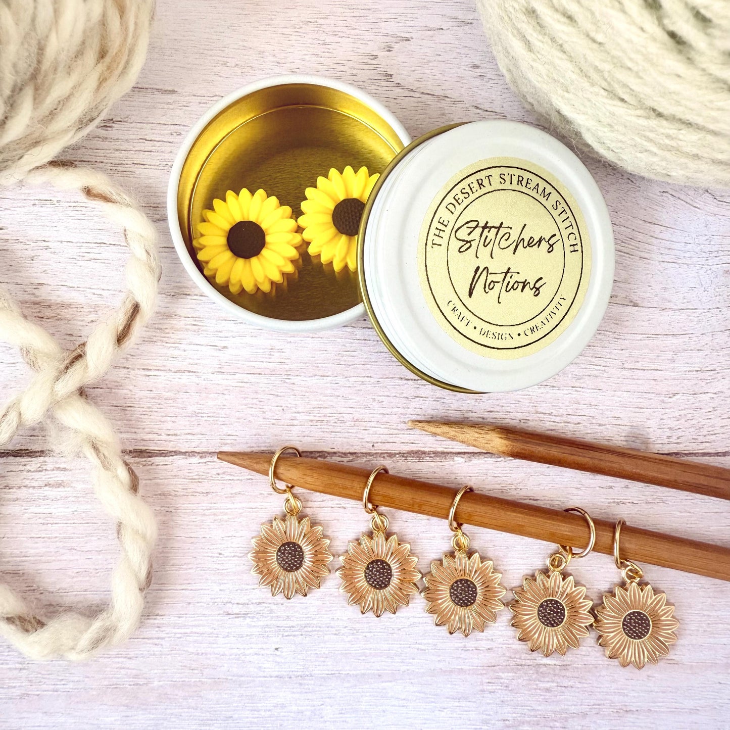 Sunflower Knitting Notions Set – Stitch Markers & Stoppers | Progress Keepers Kit