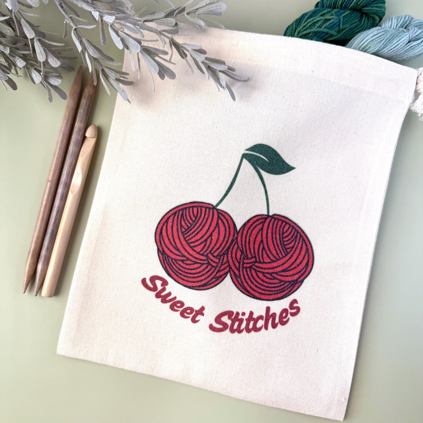 Project Bag: Cherry Yarn Storage Tote for Knitting and Crochet (Canvas Drawstring)