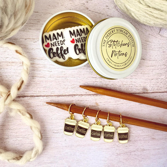 Mama Needs Coffee Knitting Notions Set – Stitch Markers & Stoppers | Progress Keepers Kit