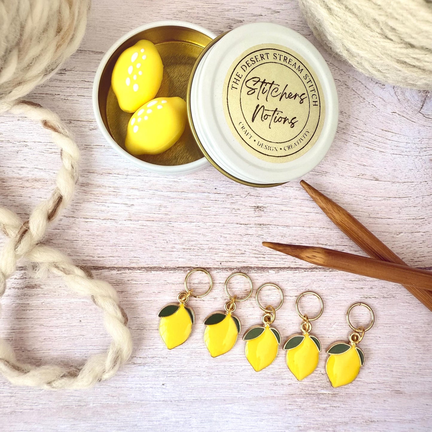 Lemon Knitting Notions Set – Stitch Markers & Stoppers | Progress Keepers Kit