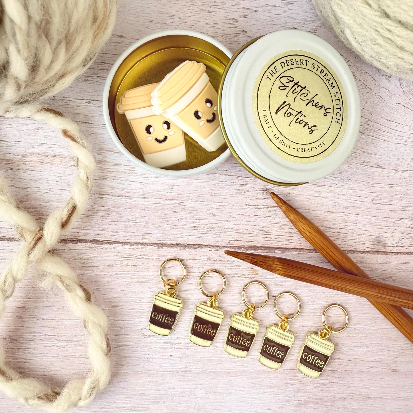 Coffee Knitting Notions Set – Stitch Markers & Stoppers | Progress Keepers Kit