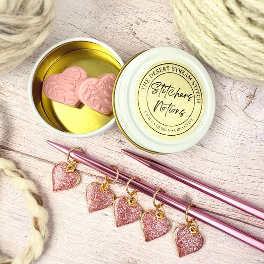 Blush Sparkle Heart Knitting Notions Set – Stitch Markers & Stoppers | Progress Keepers Kit