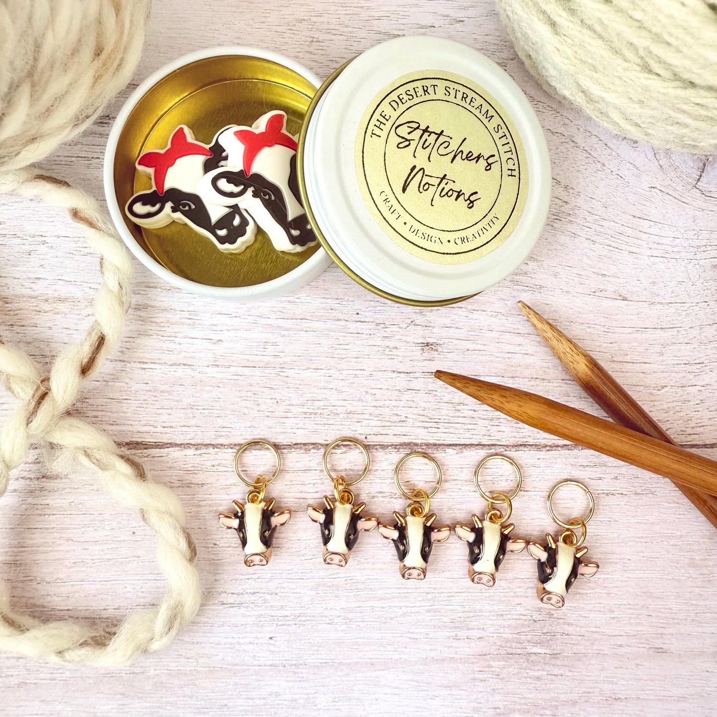 Cow Knitting Notions Set – Stitch Markers & Stoppers | Progress Keepers Kit