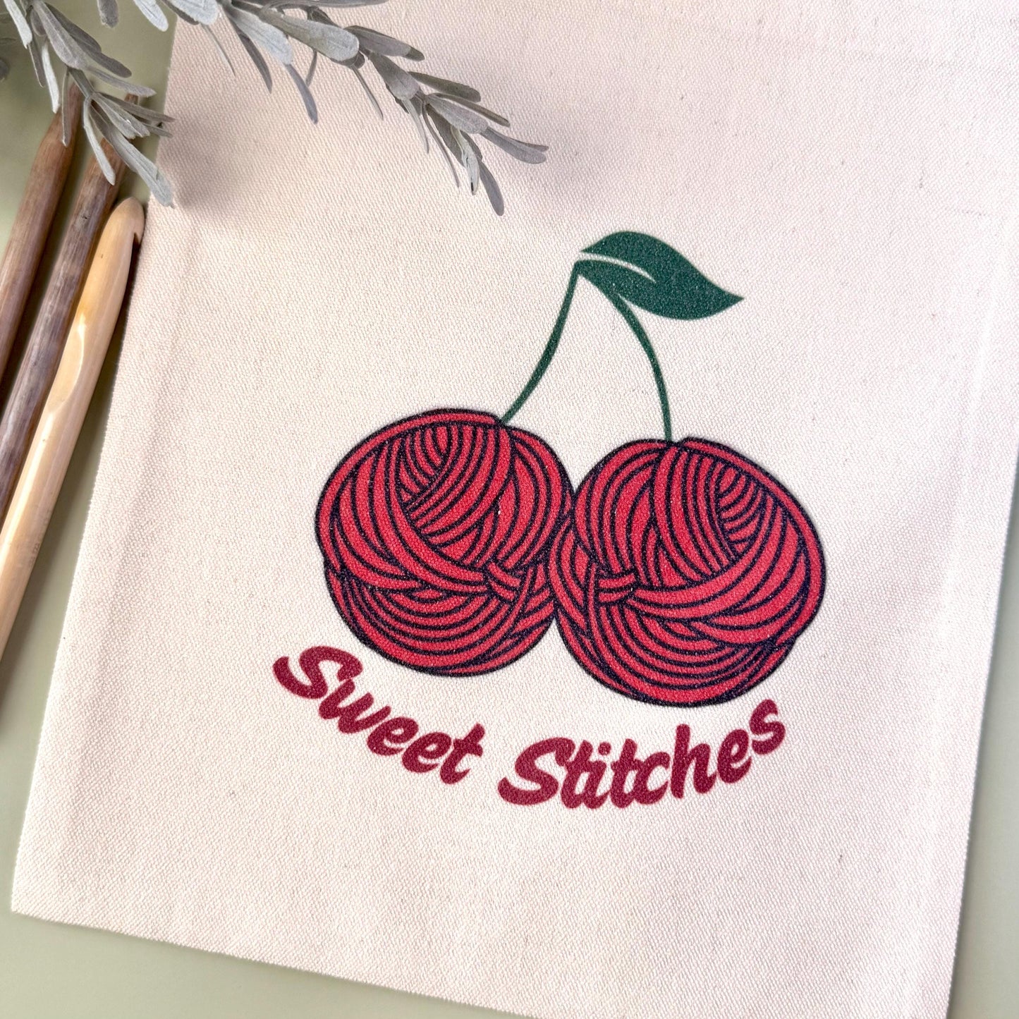 Project Bag: Cherry Yarn Storage Tote for Knitting and Crochet (Canvas Drawstring)