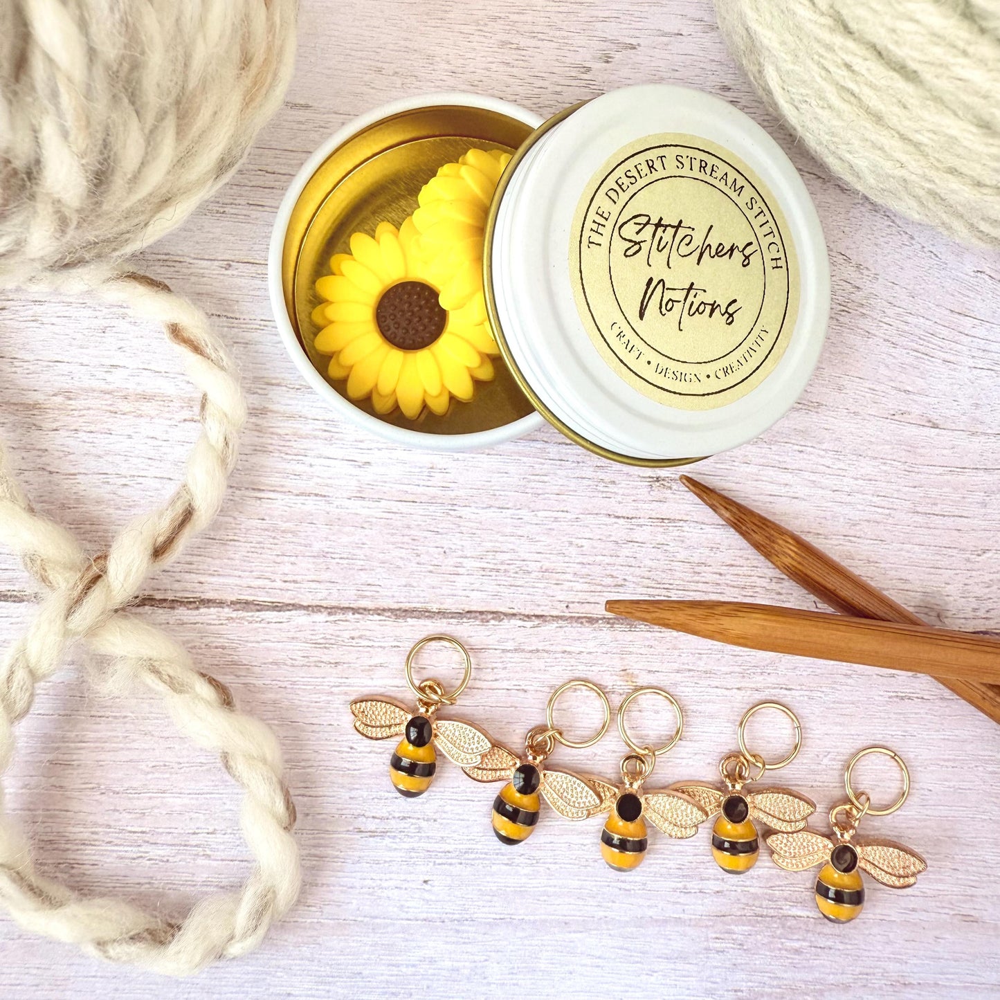 Sunflower Bee Knitting Notions Set – Stitch Markers & Stoppers | Progress Keepers Kit