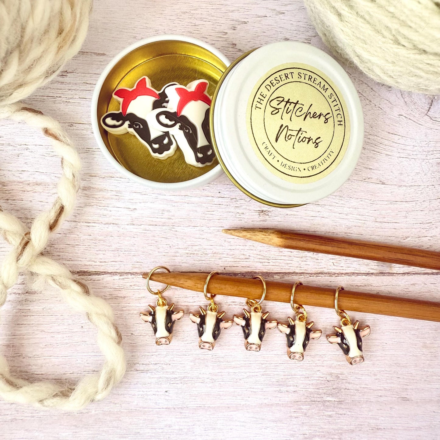 Cow Knitting Notions Set – Stitch Markers & Stoppers | Progress Keepers Kit
