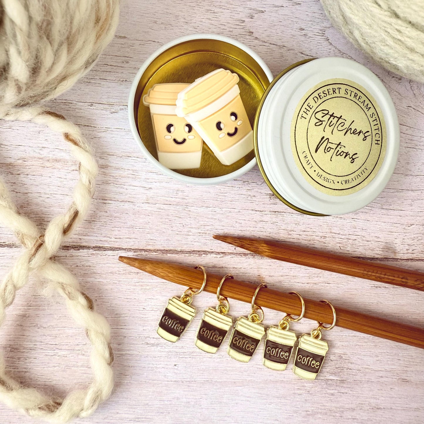 Coffee Knitting Notions Set – Stitch Markers & Stoppers | Progress Keepers Kit