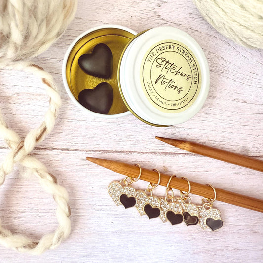 Black Heart Knitting Notions Set – Stitch Markers & Stoppers | Progress Keepers Kit