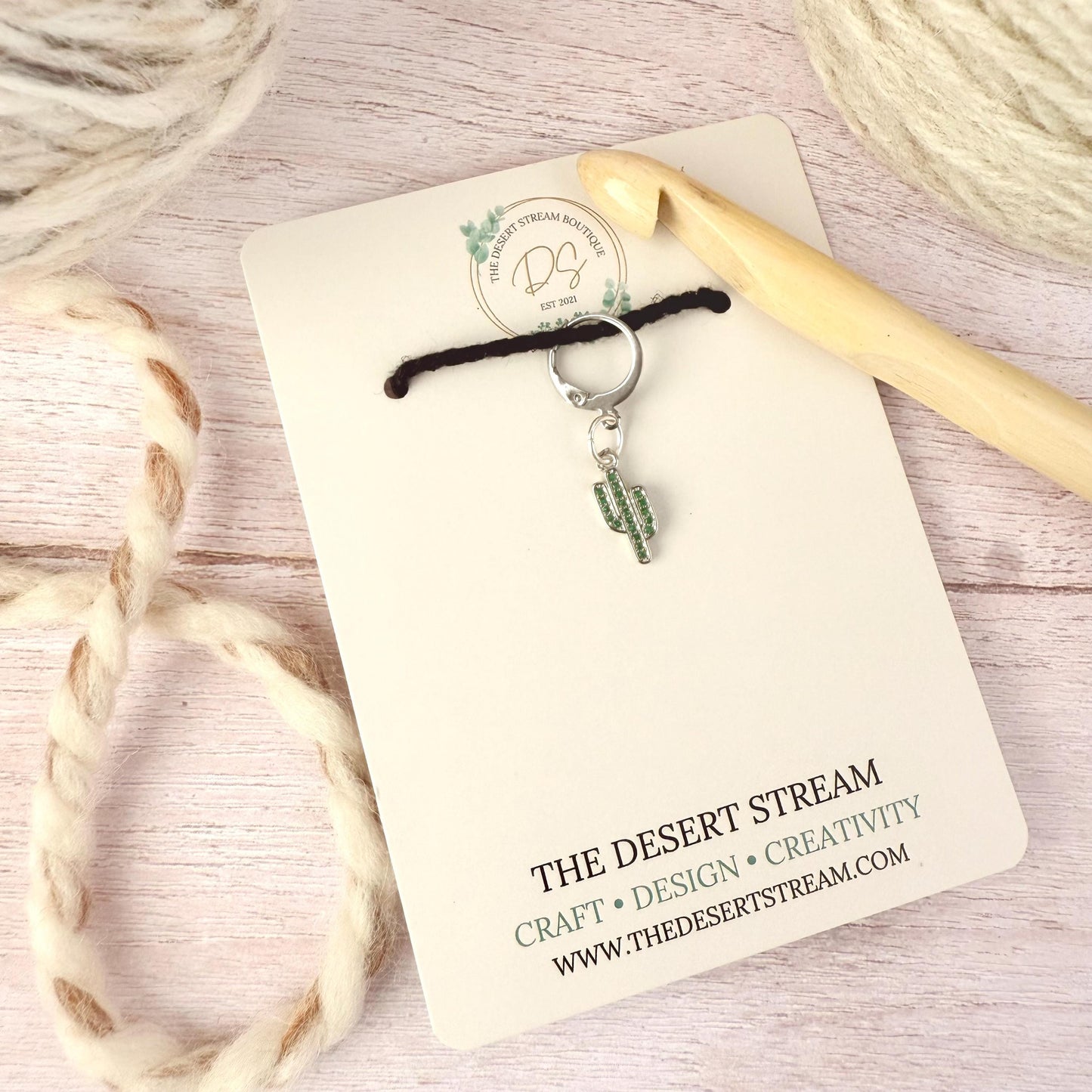 Cactus Luxe Stitch Marker – Platinum Cubic Zirconia | Snag Free Progress Keeper