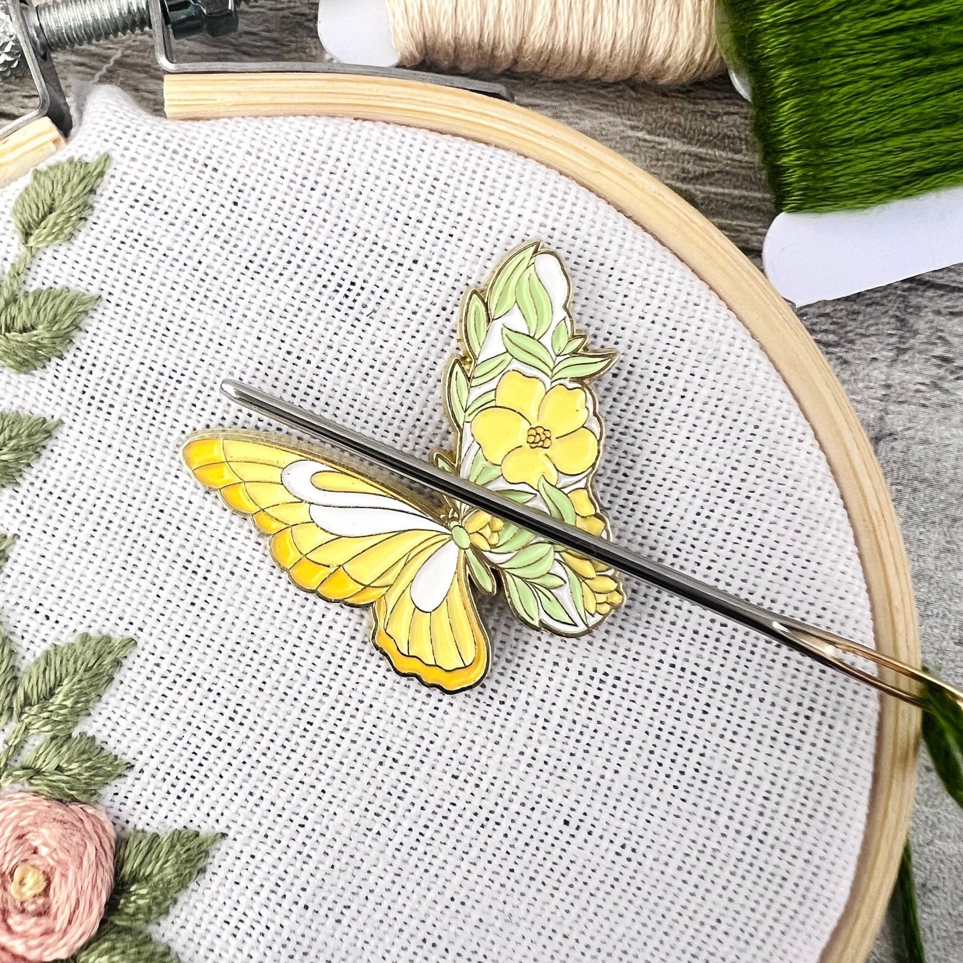 Floral Butterfly Needle Minder Needle Threader Magnetic - The Desert Stream Stitch