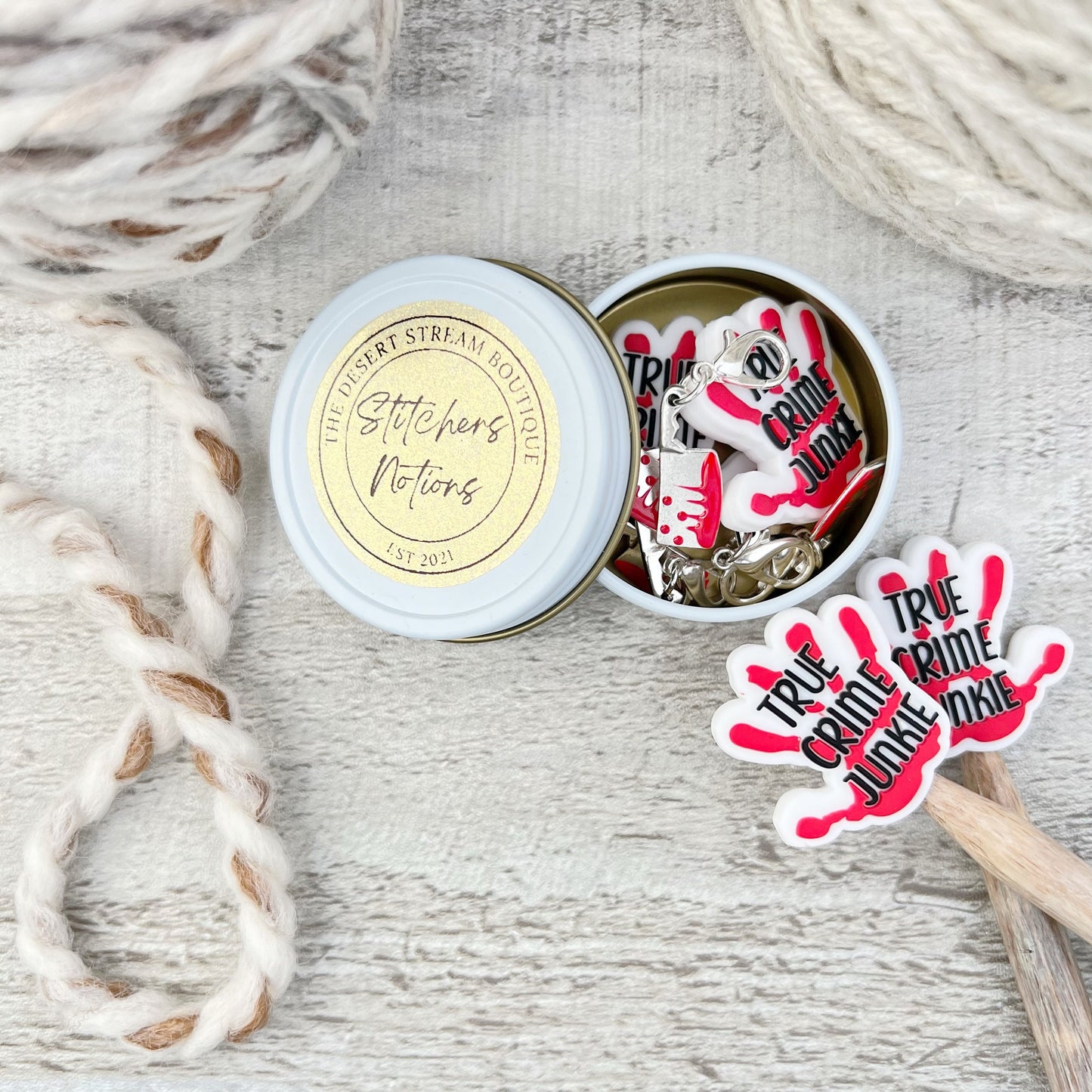True Crime Knitting Notions Tin Set