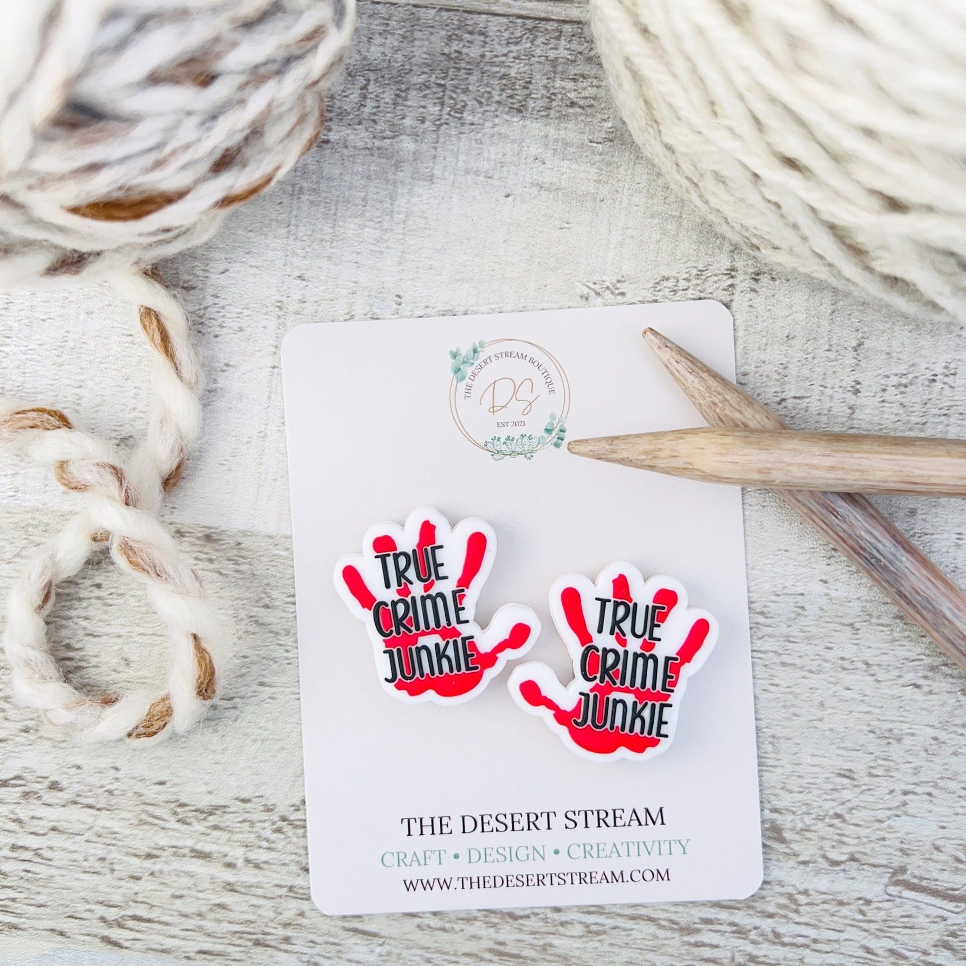 True Crime Junkie Stitch Stoppers Knitting Needle Point Protectors - The Desert Stream Stitch