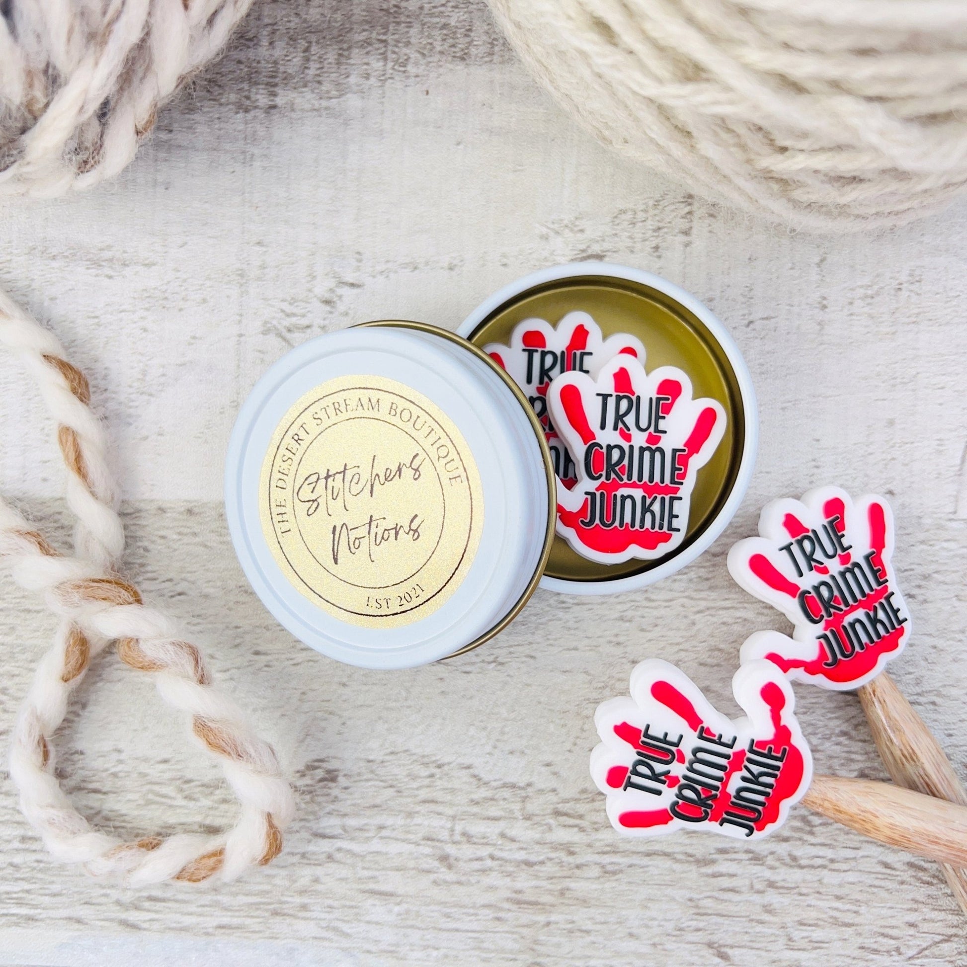 True Crime Junkie Stitch Stoppers Knitting Needle Point Protectors - The Desert Stream Stitch